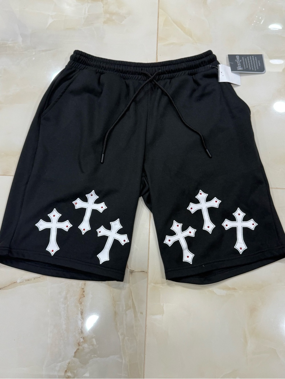 Black Men's Athletic Drawstring Shorts with White Cross Accents
